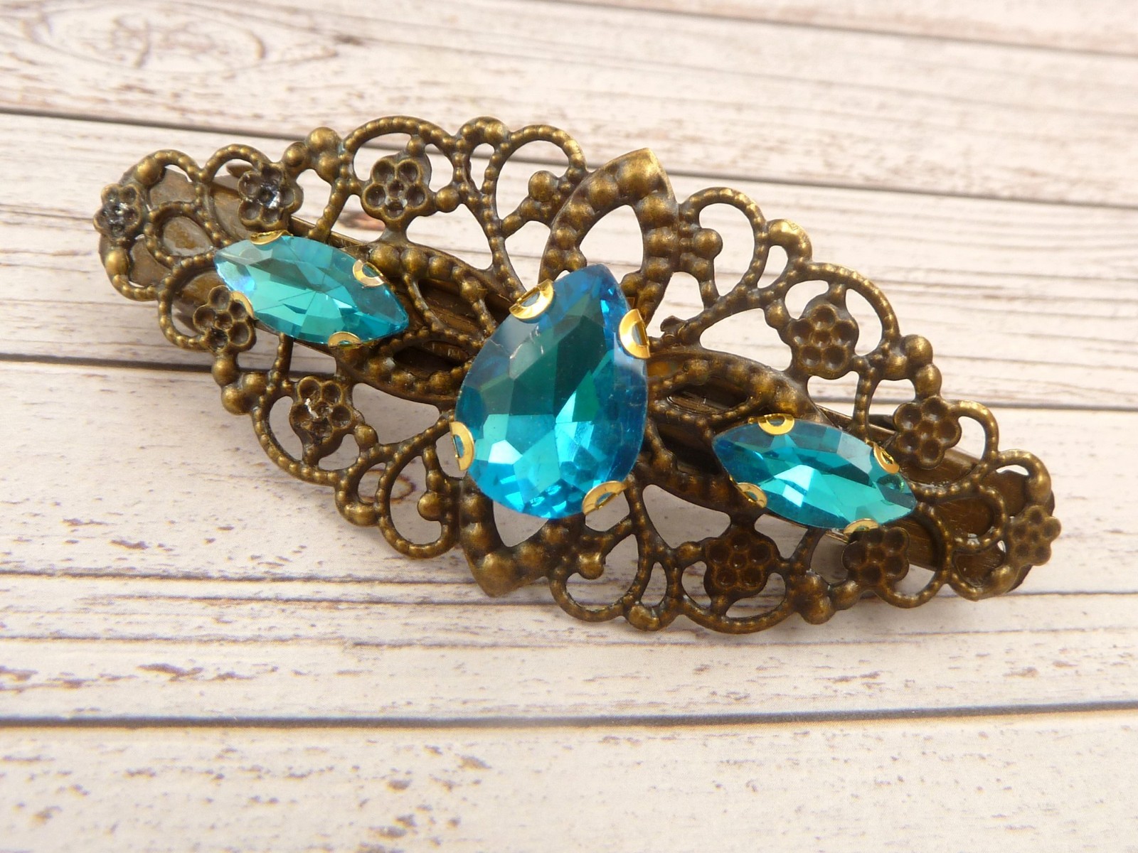 Sparkling Bronze Hair Clip with Faceted Glass Jewels in Turquoise