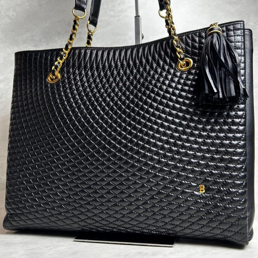 BALLY Black Quilted Leather Chain Tote Bag Shoulder Bag Charm Womens