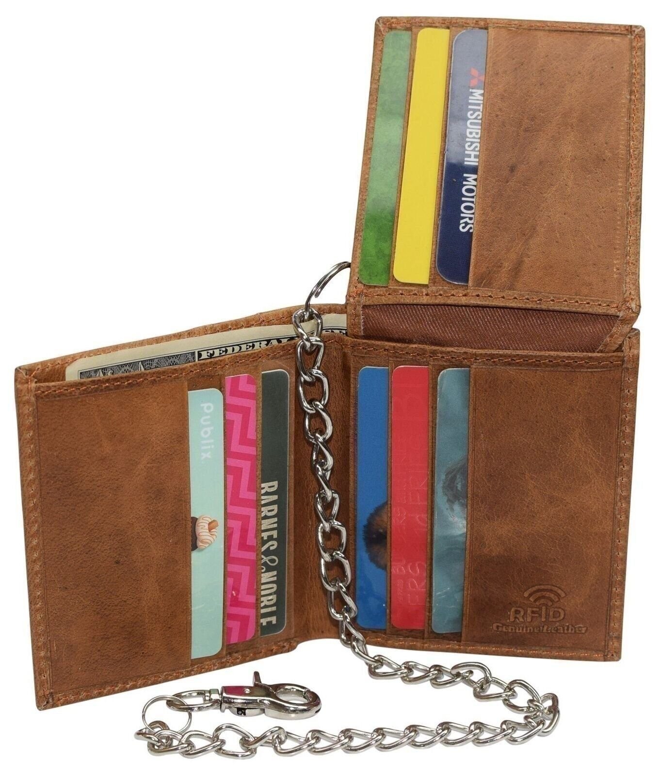 Men’s Chain Biker RFID Blocking Genuine Leather L Shape Bifold Wallet USA Series