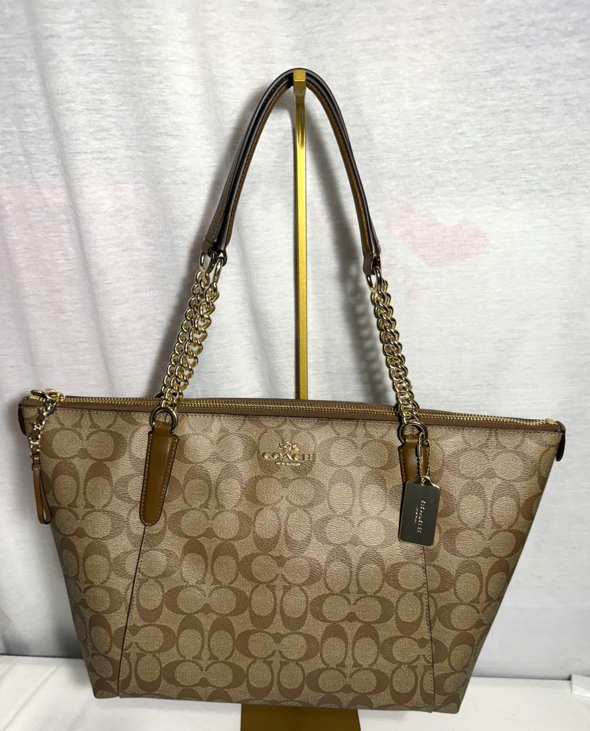 NEW NWT Coach Signature Ava Chain Tote Handbag Purse Khaki Shoulder Bag #23526