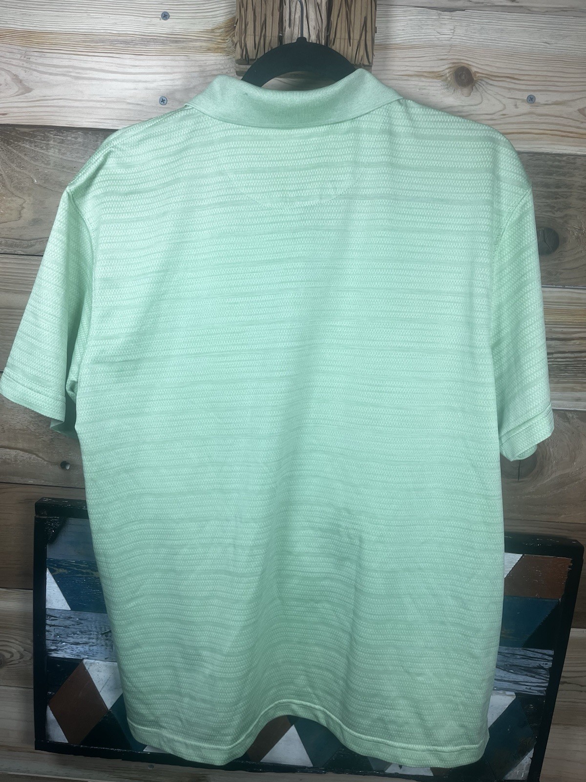 Haggar Men’s L Green Striped Polo Shirt Knit Short Sleeve Button Collared