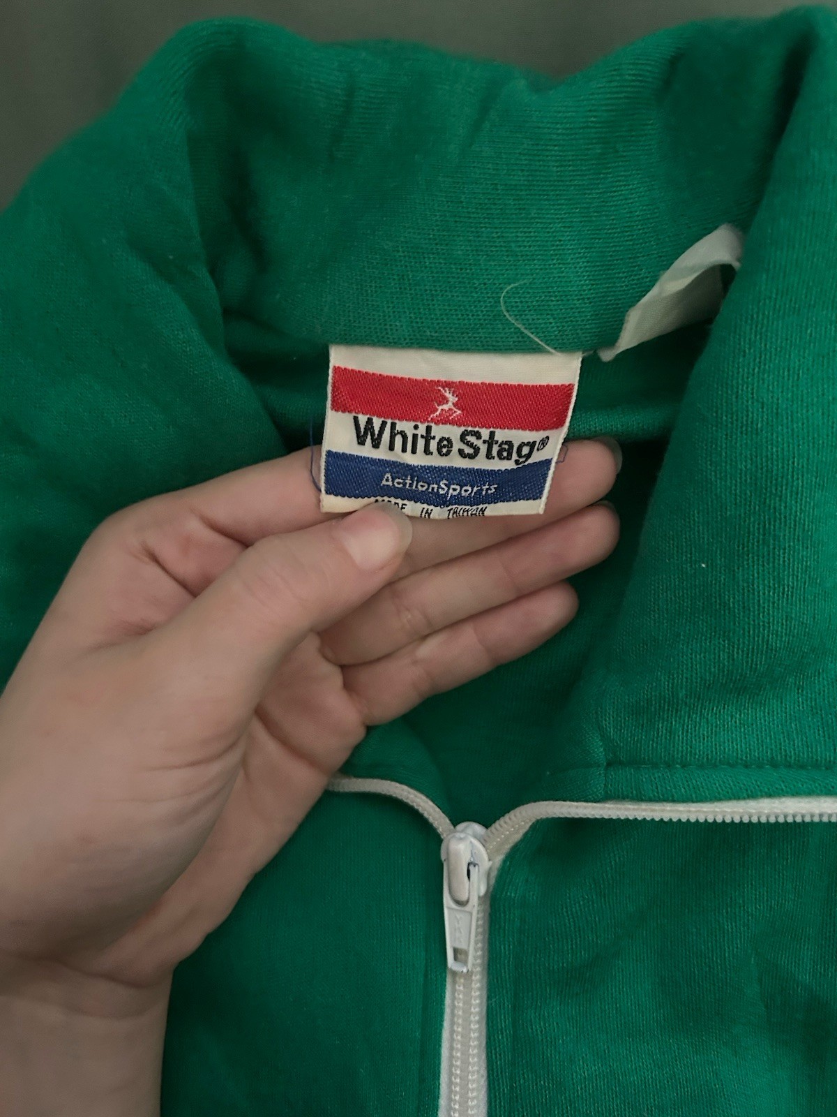 White Stag Green Full Zip Sweatshirt Striped Trim Zippered Pockets Women’s