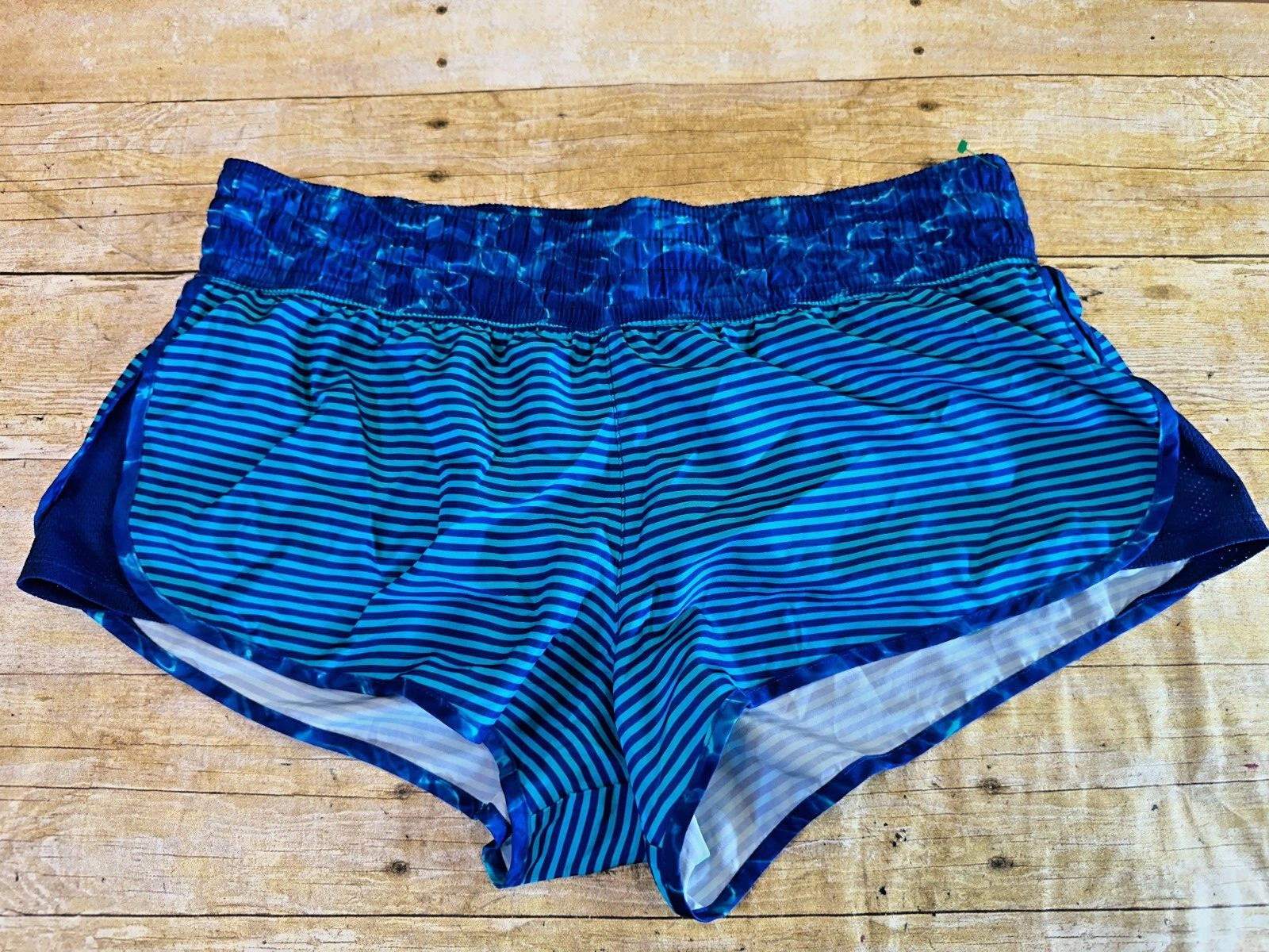 SO RUNNING SHORT SHORTS WOMEN’S XL 2.25″ BLT IN PANT BLUE GREEN STRIPE ⭐️MINT⭐️
