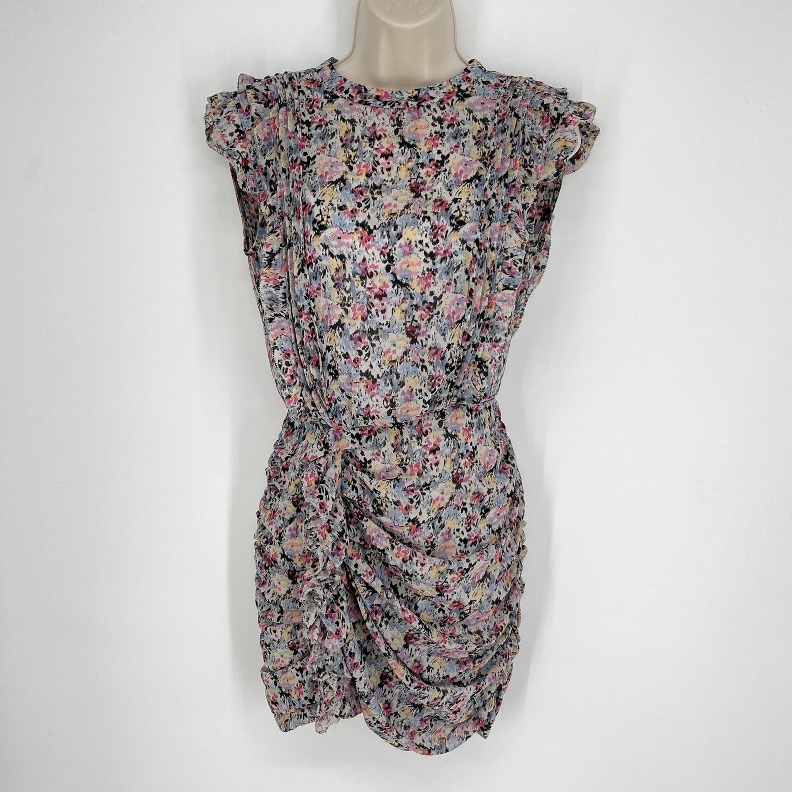 All Saints Hali Sketch Mini Dress Womens Sz 2 Multi Floral Ruffle Lined Back Zip