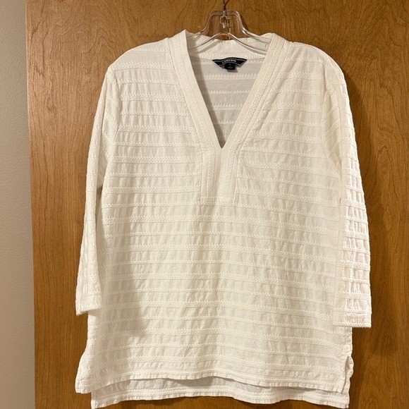 Lands’ End White Textured Stripe V-Neck Tunic Women’s XL 18 Cotton 3/4 Sleeve