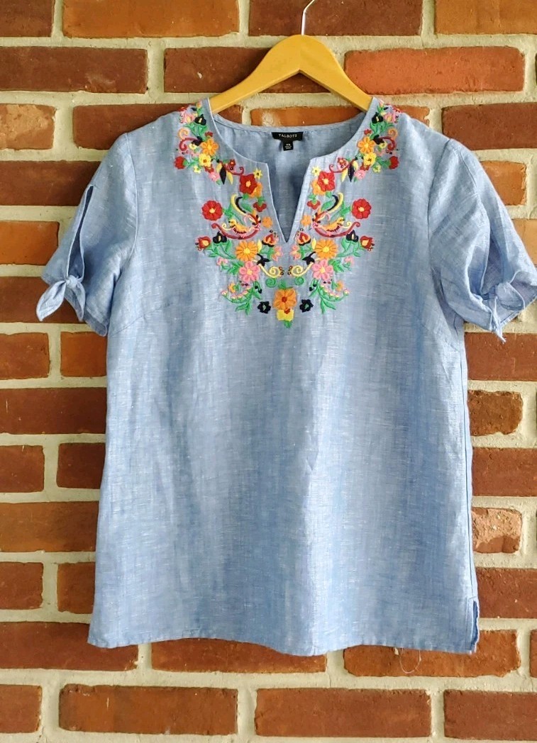 Talbots XS womens chambray blue shirt floral embroidery EUC linen cotton blend