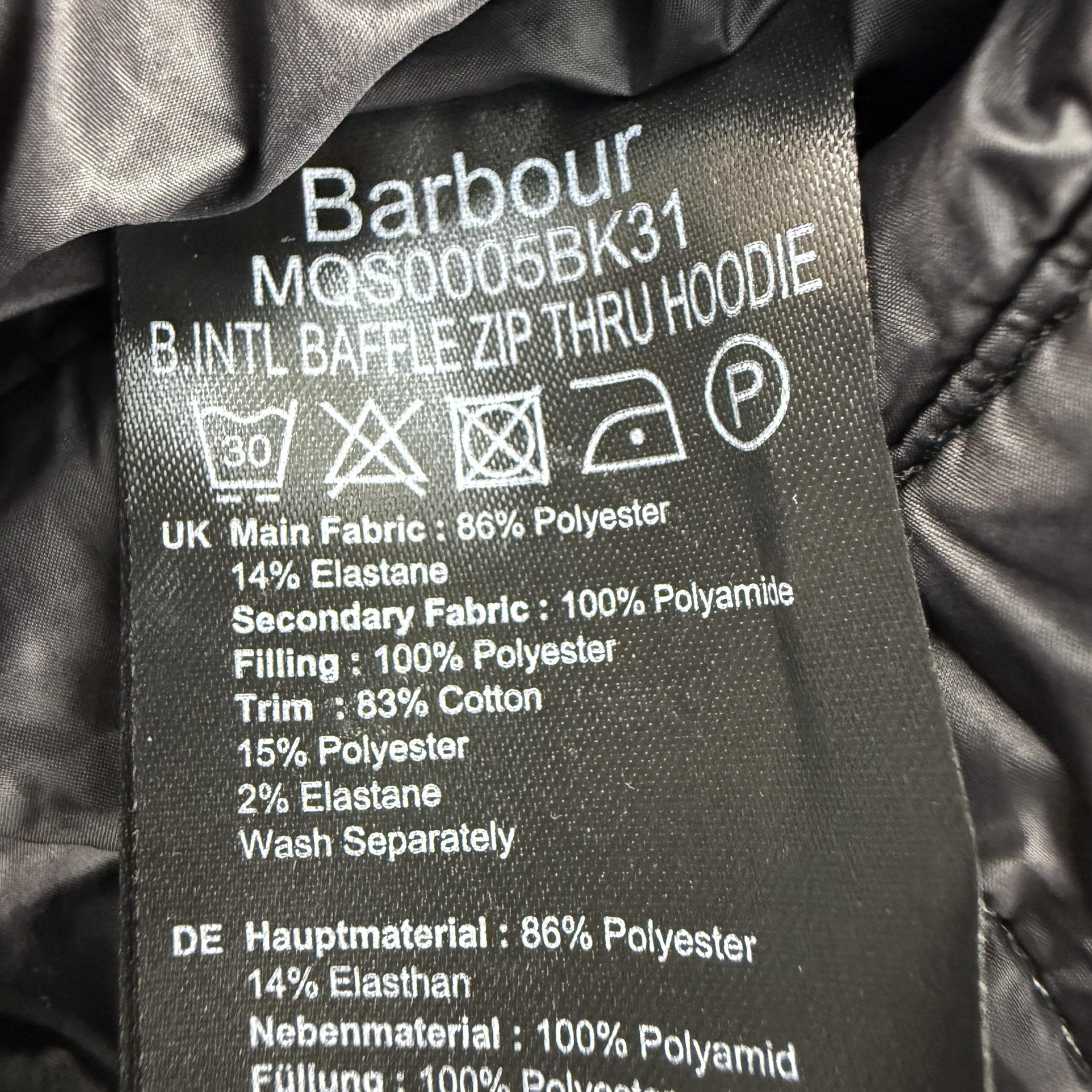 Barbour International Hoodie Mens Medium Black Baffle Full Zip MQS0005BK31