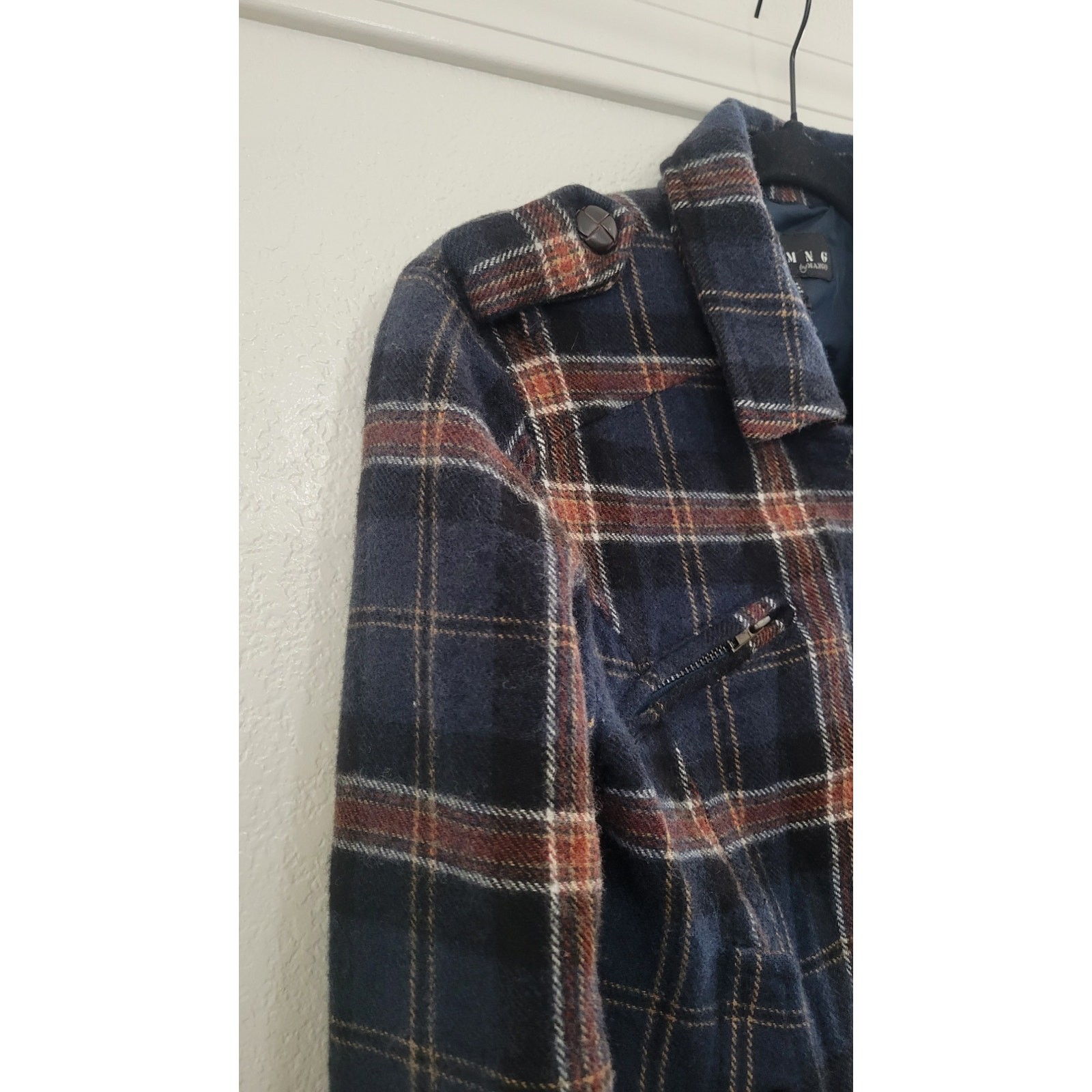 MNG by Mango Wool Blend Plaid Moto Jacket Women’s Small Blue Snap Zip Coat