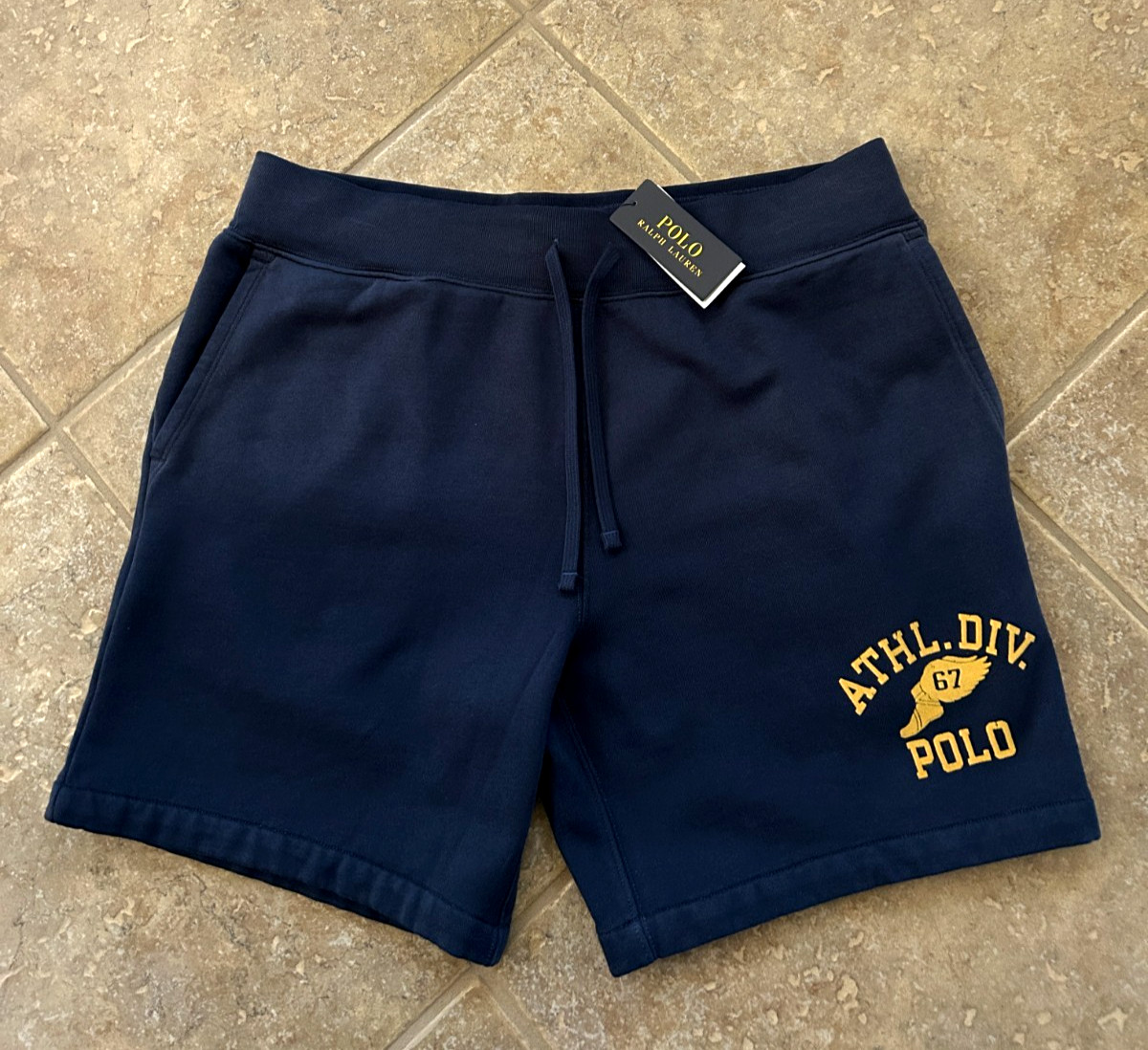 Polo Ralph Lauren Athl Div 67 Fleece Sweat Shorts XL Navy w/Yellow Logo $125 NWT