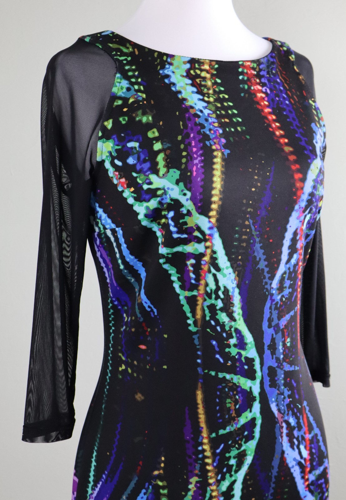 JOSEPH RIBKOFF $262 Stretch Sheer Mesh Sleeve Abstract Print Dress Size 8