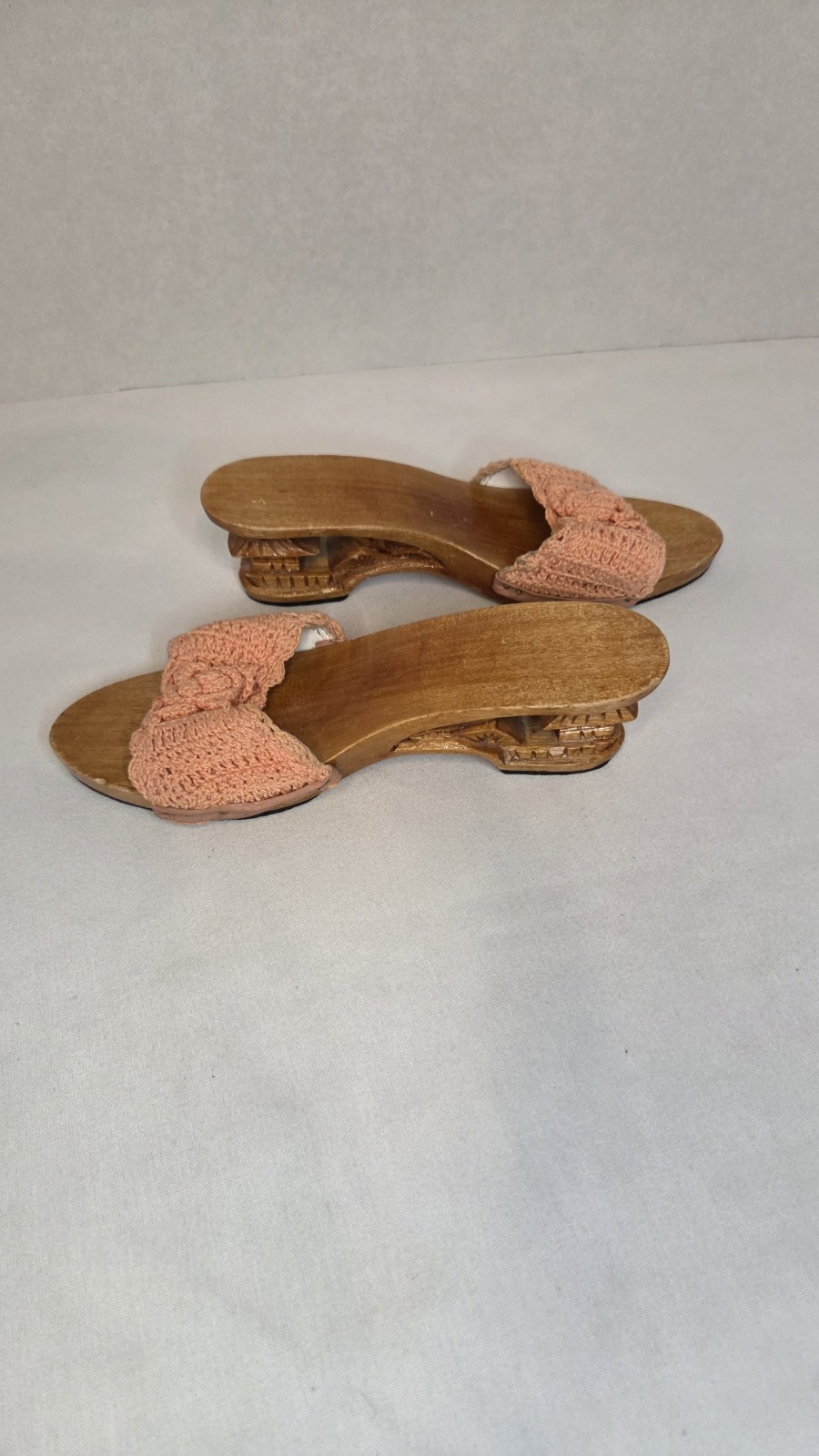 Size 6 inches Hand Carved Flower Wooden Sandals with Pink Crochet Straps