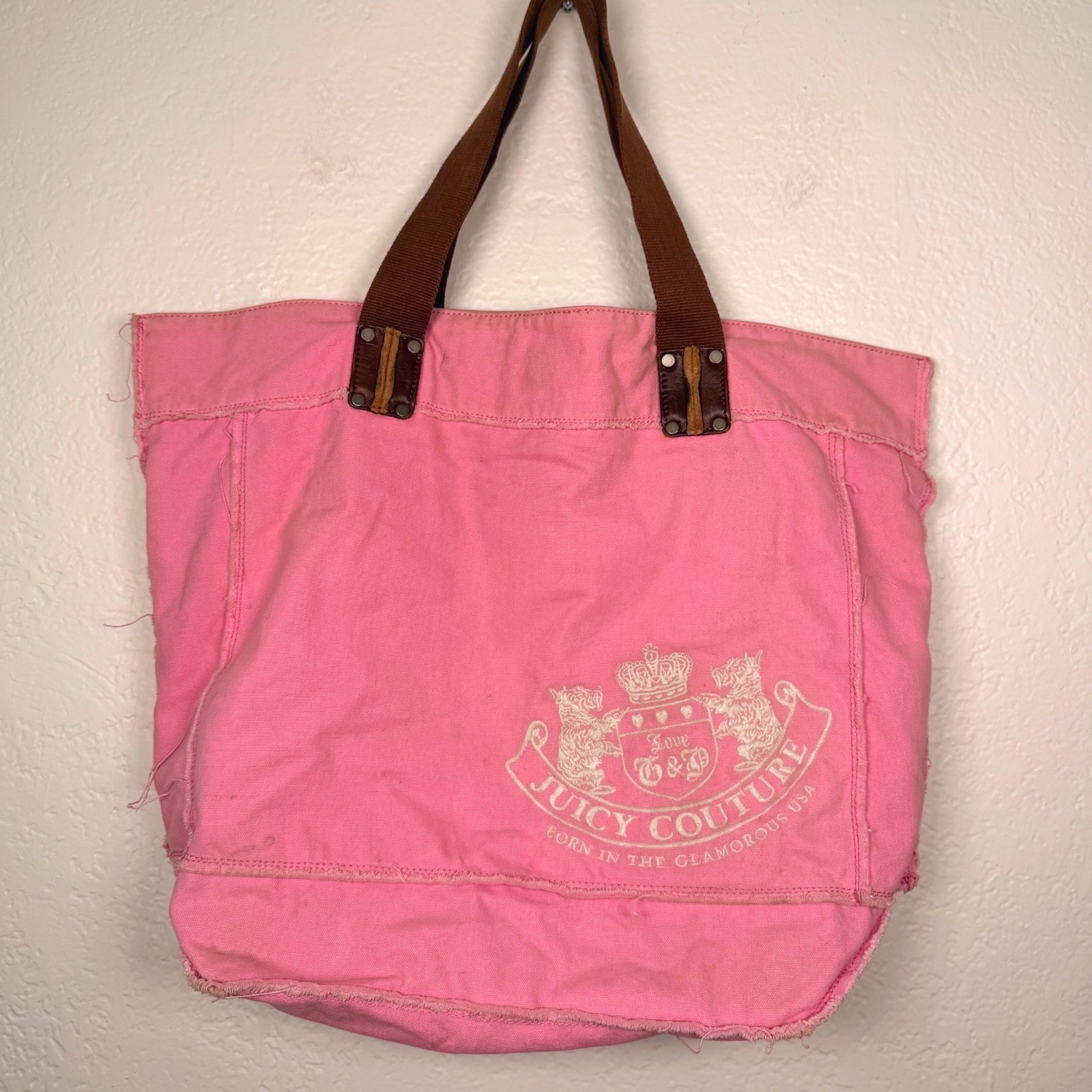 Juicy Couture Pink Canvas Tote Bag Y2K Frayed Logo Crest Size Large