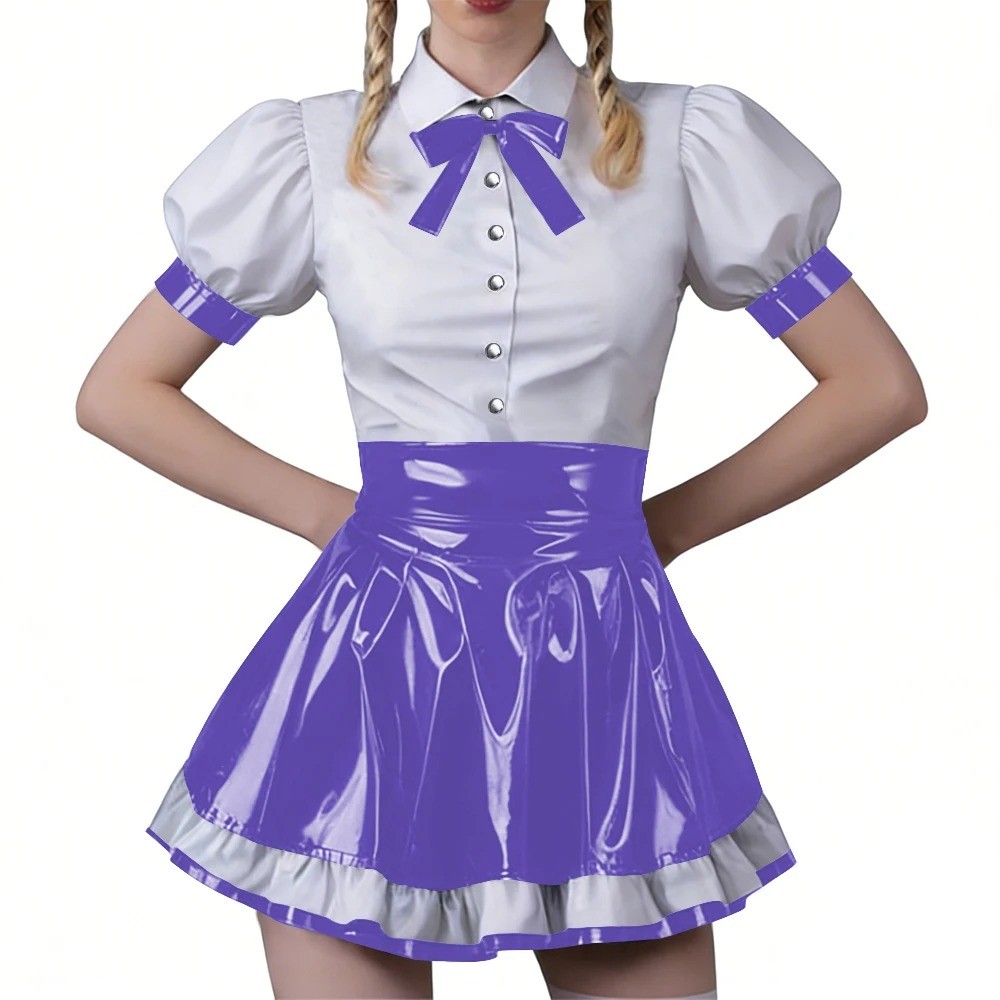 Women Vinyl PVC Bodycon Maid Sets Sweet Sexy Top Party Cosplay Unifom Skirt