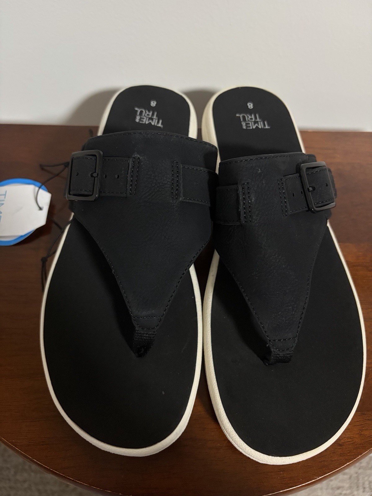 Time and Tru Women Black Thong Slide Sandals Buckle Detail Size 8 WMCM25FR021
