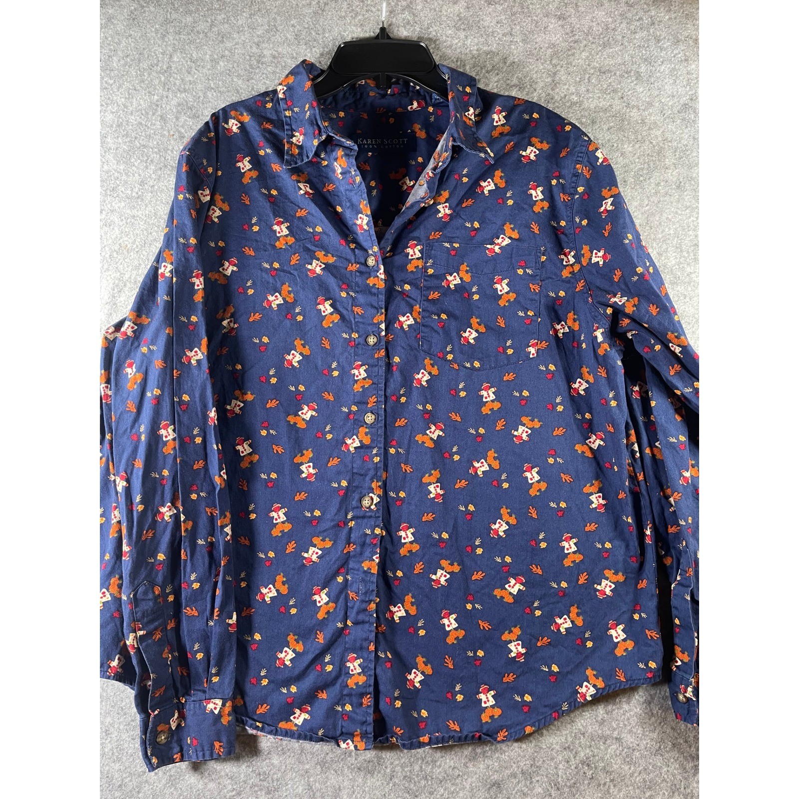 Karen Scott Womens Navy Blue Fall Scarecrow Pumpkin Cotton Button Down Shirt L