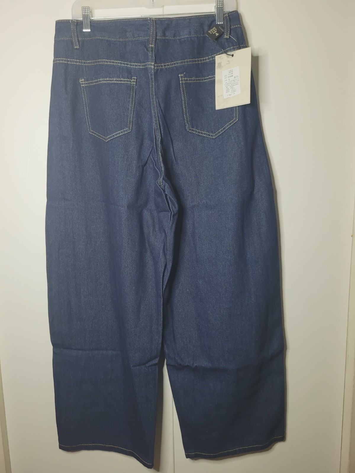 OOTD Women’s Blue Dark Wash Wide-Leg Denim Jeans, Size L, Pockets, Button
