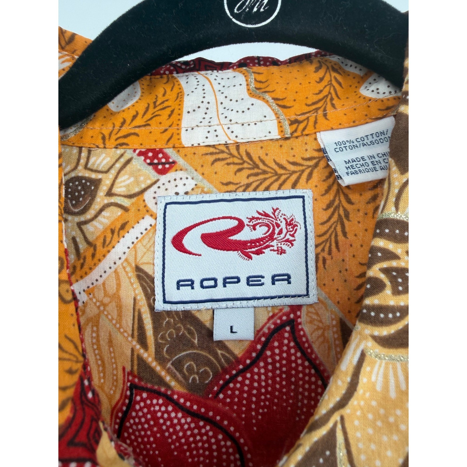 Roper Womens L Western Snap Shirt Patchwork Batik Floral Glitter Cotton Mustard
