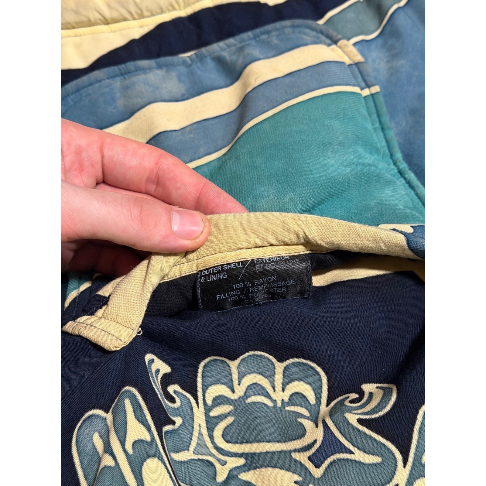 Asian Creations Jacket Mens Medium Blue Batik Eagle Mask Quilted Hooded Zip Up