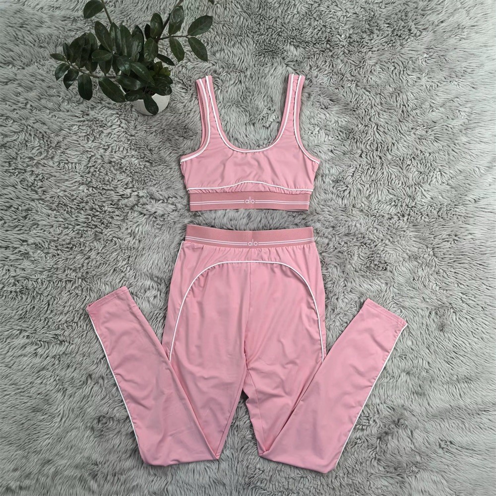 Alo Women’s 2-Piece pink Sports Bra & Leggings Set, Size S ,Stretch Knit