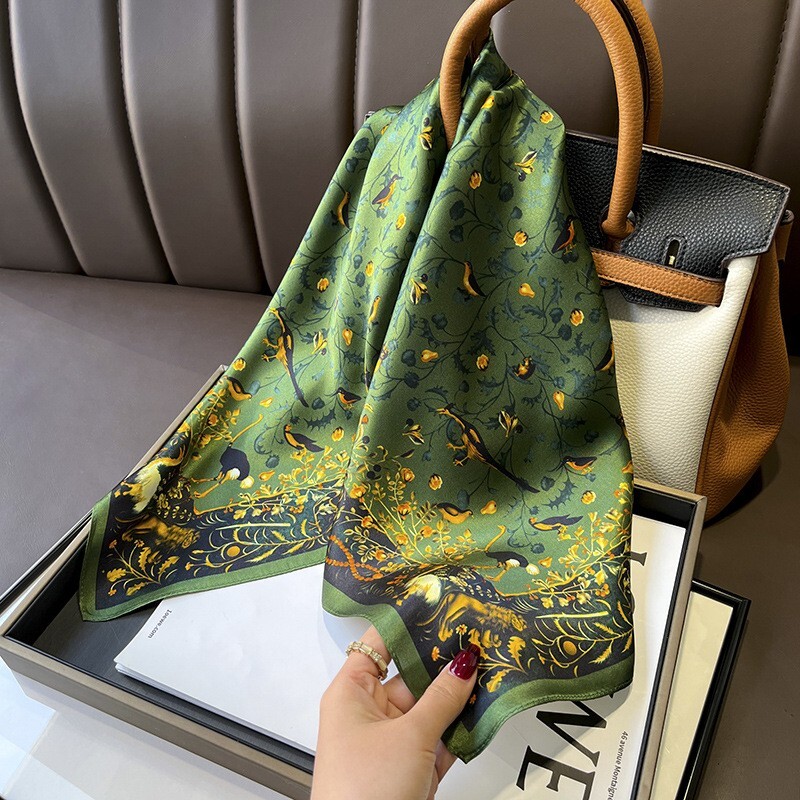 100% Mulberry Silk 27″ Square Scarf Women Neckerchief Wrap Flower Birds Pattern