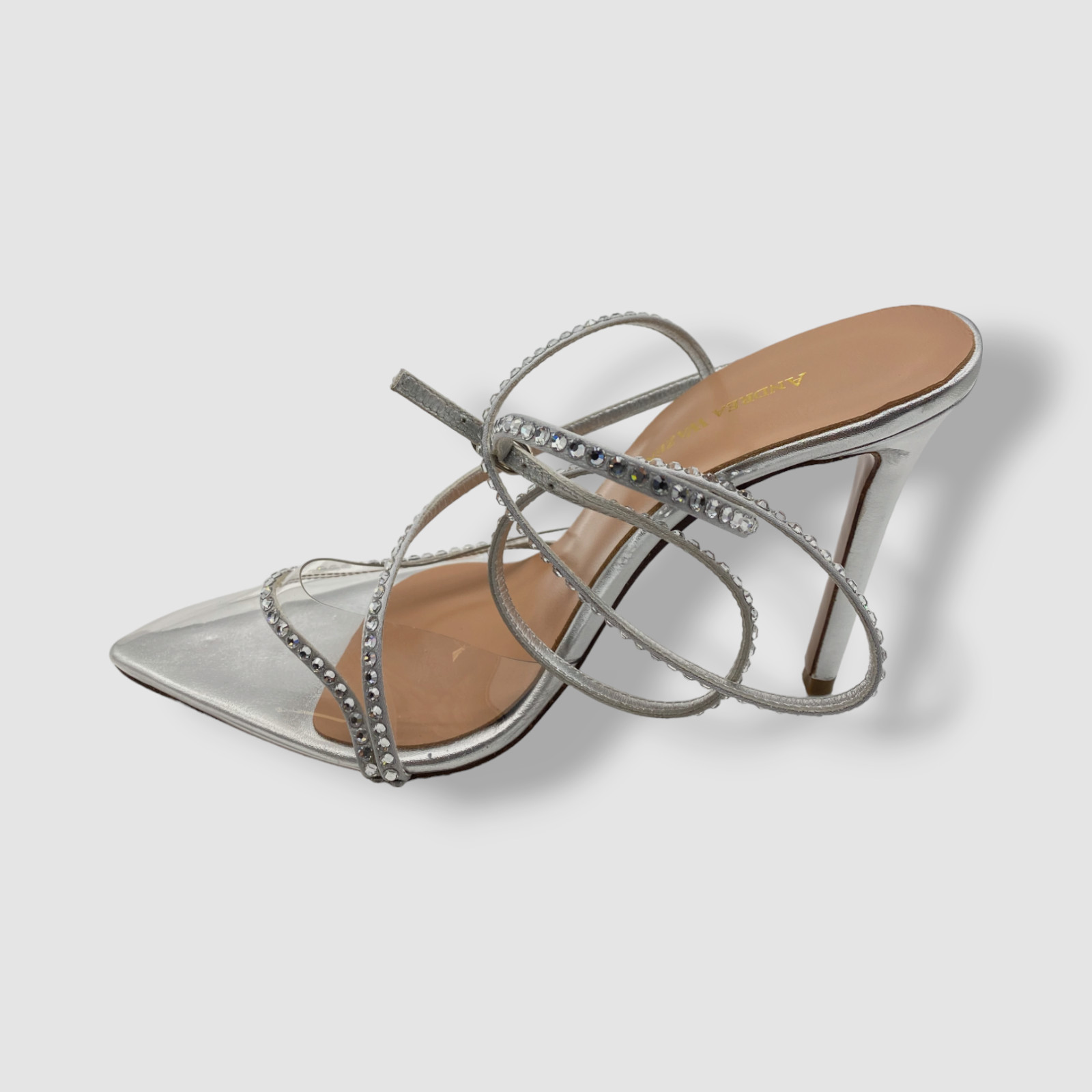 $695 Andrea Wazen Women’s Silver Dassy Sunset PVC Ankle Wrap Pump Heels Shoes 36