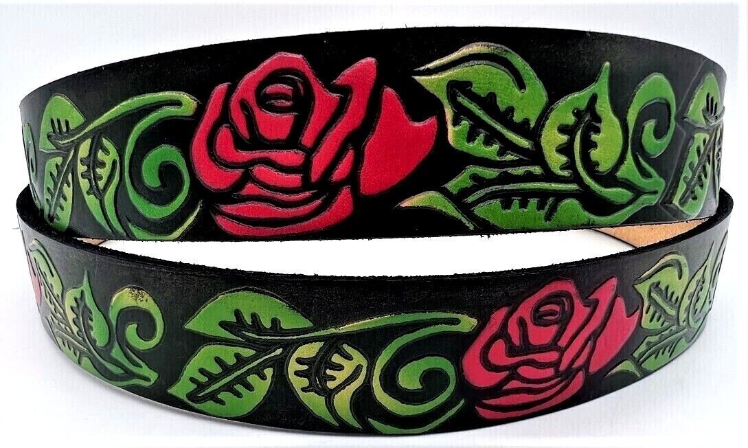 ROSES FLORAL FLOWER EMBOSSED 100% GENUINE COWHIDE LEATHER BELT SIZE 26-48 USA