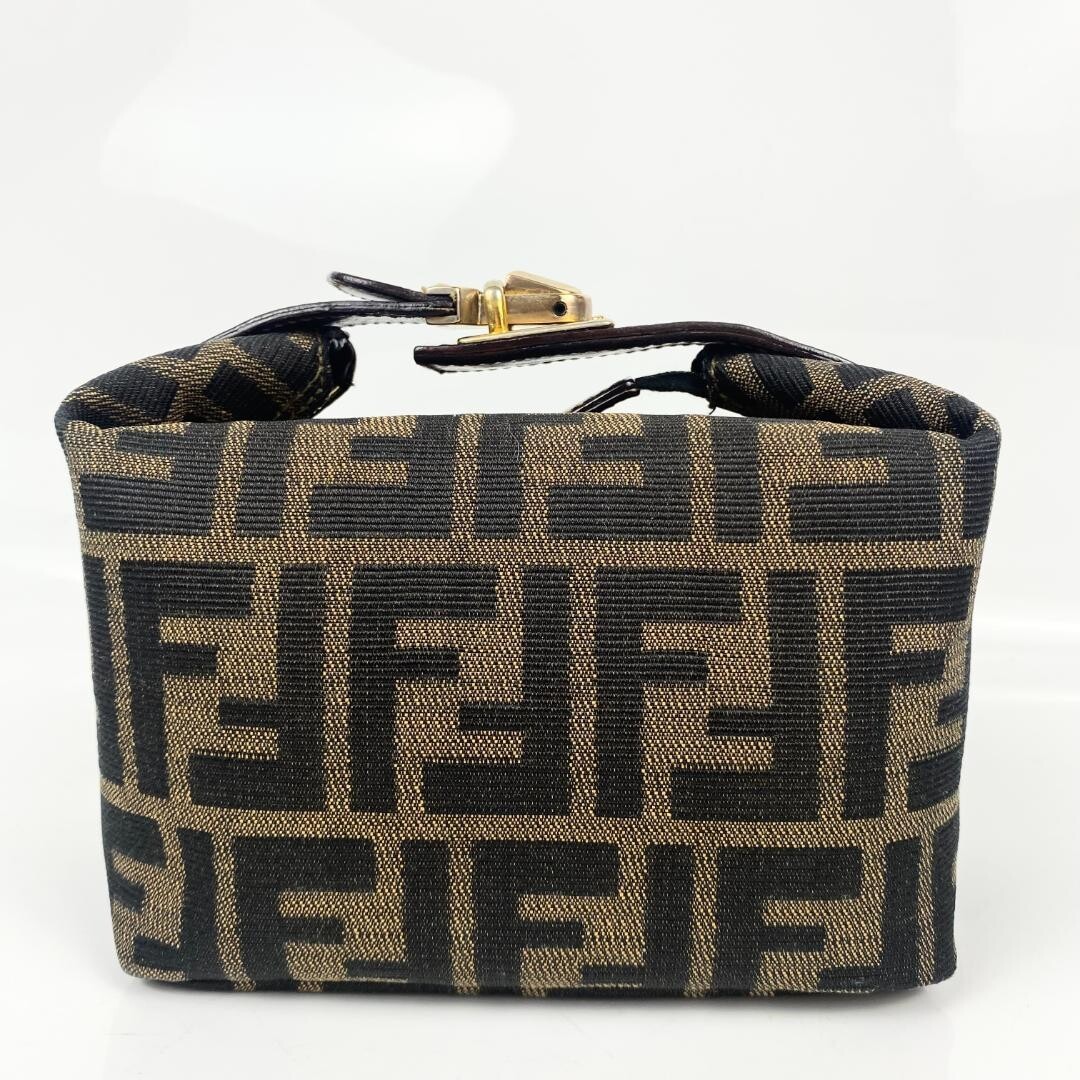 Fendi Zucca FF Logo Vanity Bag Canvas Leather Brown Gold Italy Top Handle Zip