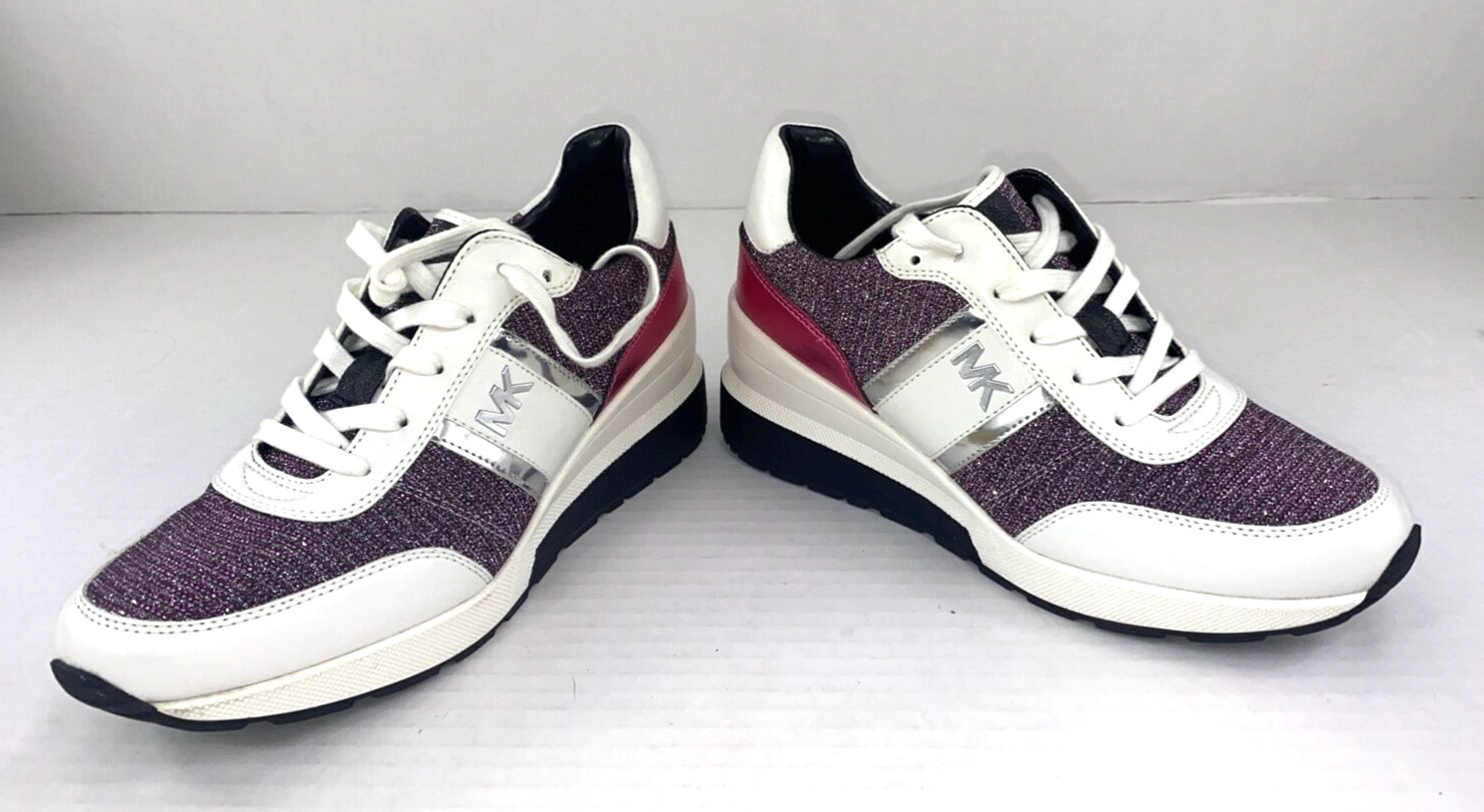 Michael Kors Mabel Trainers Sneakers Merlot Size 9 White Pink Glitter B3F