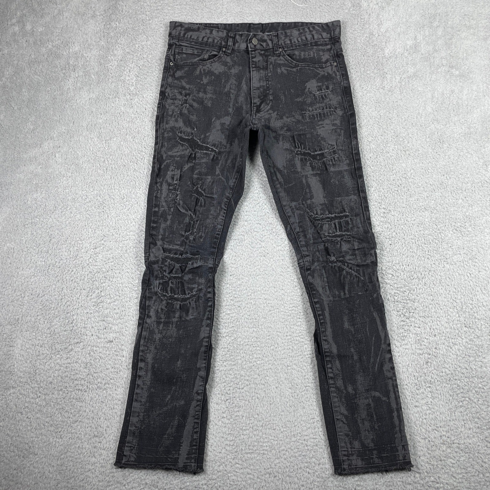 First Row Distressed Jeans Mens 34×32 (Fits 33×31) Black Acid Wash Slim