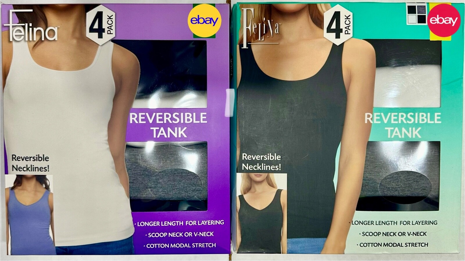 Felina Ladie’s’ Black, White & Gray Reversible Necklines Tanks 4 Pack
