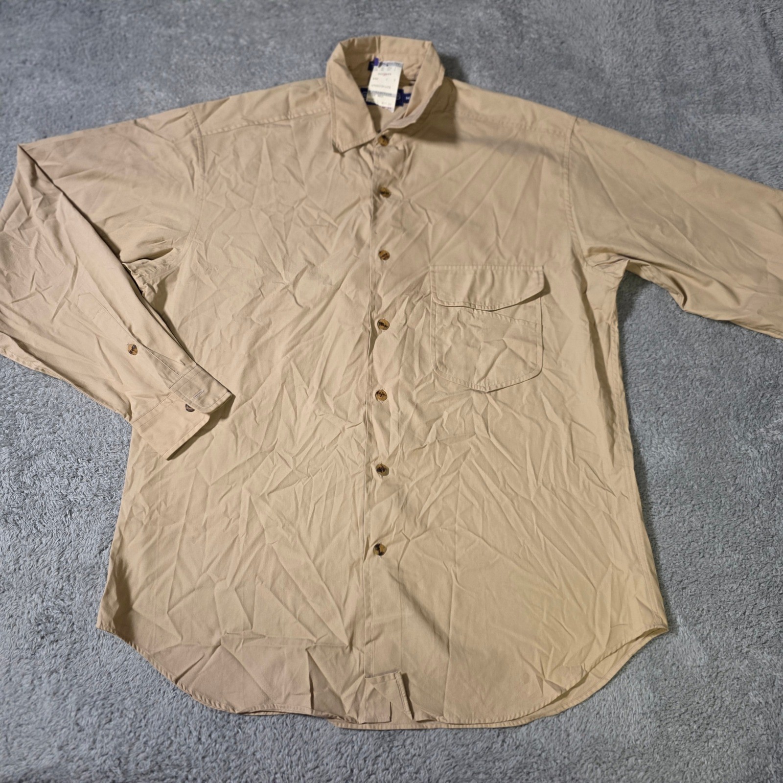 Georges Marciano Mens M Button Down Shirt Tan Khaki Vintage Utility Cotton Nylon