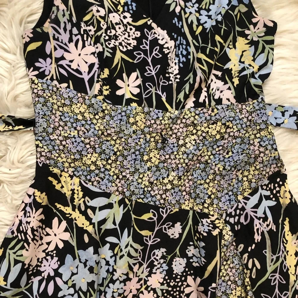 Calvin Klein Mixed Floral Asymmetrical Handkerchief Black Yellow Midi Dress 6