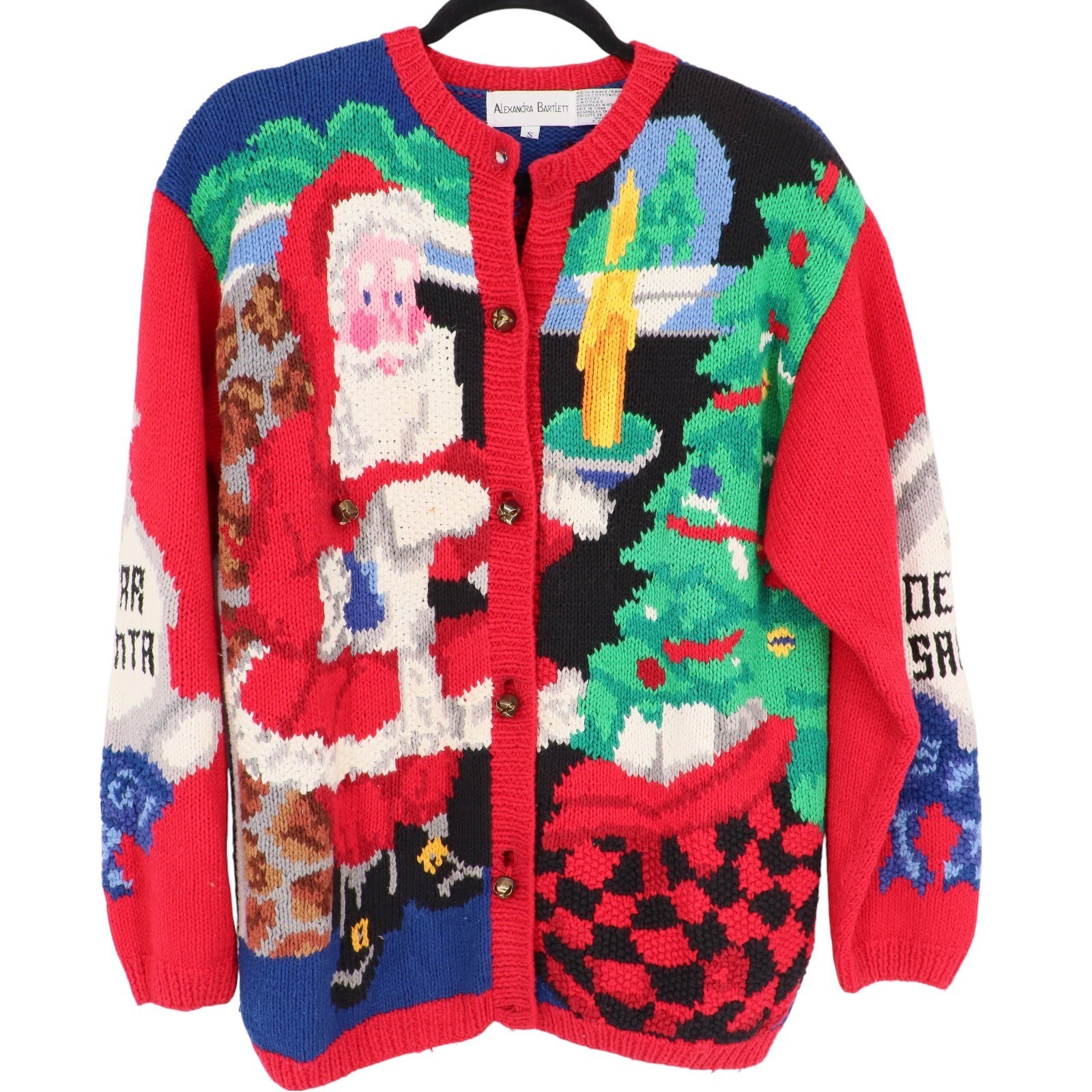 Alexandra Bartlett Vintage Ugly Christmas Sweater Cardigan Santa Bell Buttons S