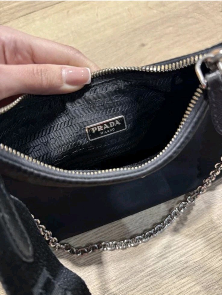 Prada Re-Edition 2005 Black Nylon Shoulder Bag Chain Strap Crossbody Purse Y2K