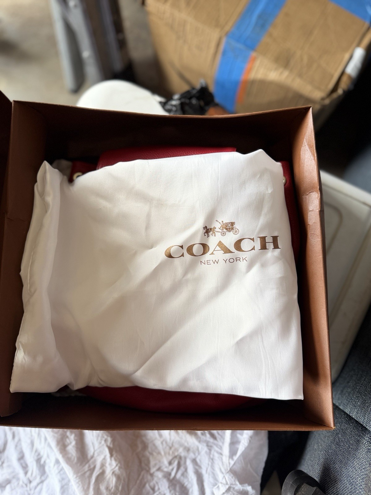 Coach Women’s Red Medium Backpack Pebbled Drawstring Turnlock Pockets Dust Bag