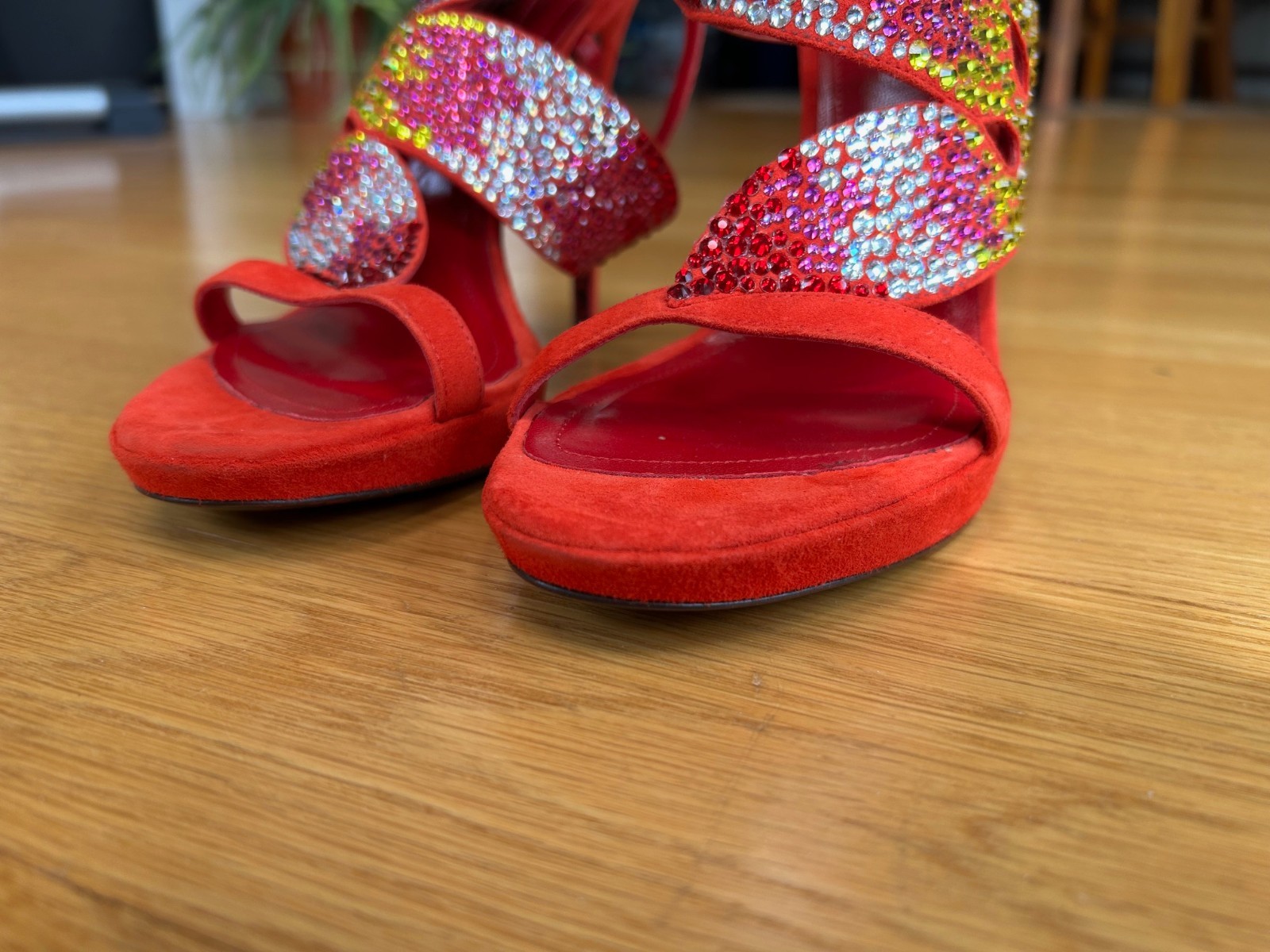 CESARE PACIOTTI Red Suede Multicolor Crystal Sandals Size 6.5 IT 36.5 Good & Box
