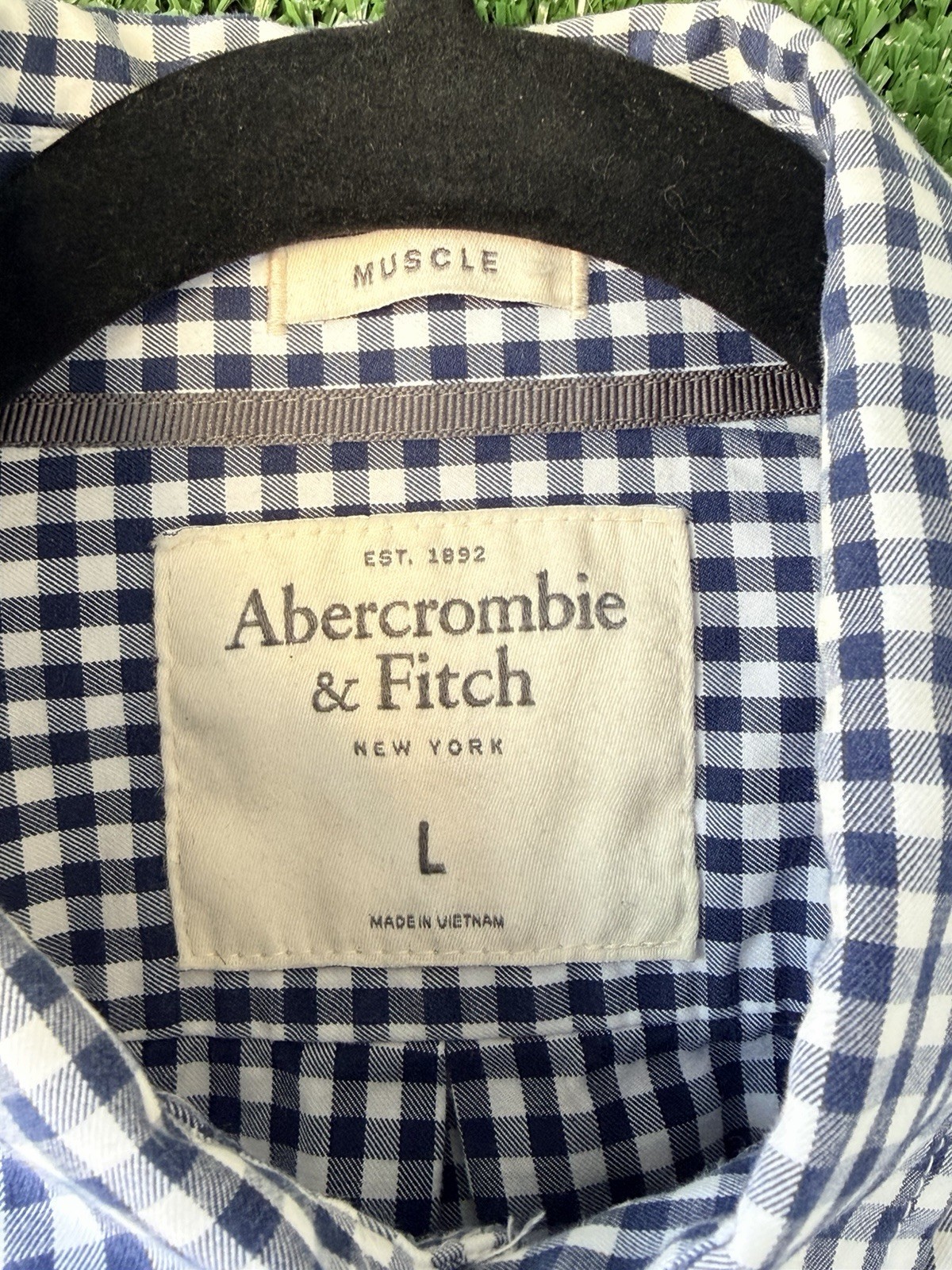 Abercrombie & Fitch Muscle Fit Gingham Shirt Men L Navy White Check Long Sleeve
