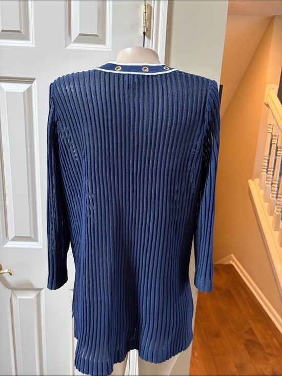 Ming Wang Navy Ribbed Cardigan with White Trim and Gold hardware, small