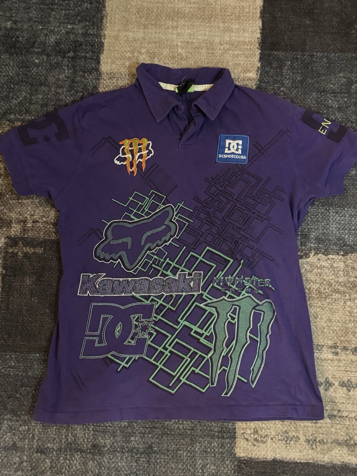 Monster Energy Fox Racing Kawasaki DC Shoes Purple Collar Shirt Men’s Size L