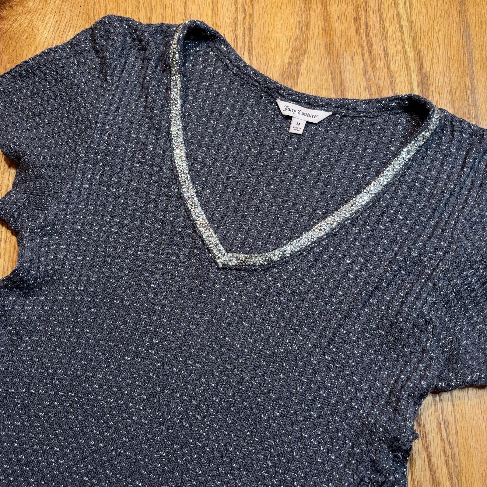 Juicy Couture Rhinestone Collar Knit Top Womens Medium Gray Babydoll Y2K