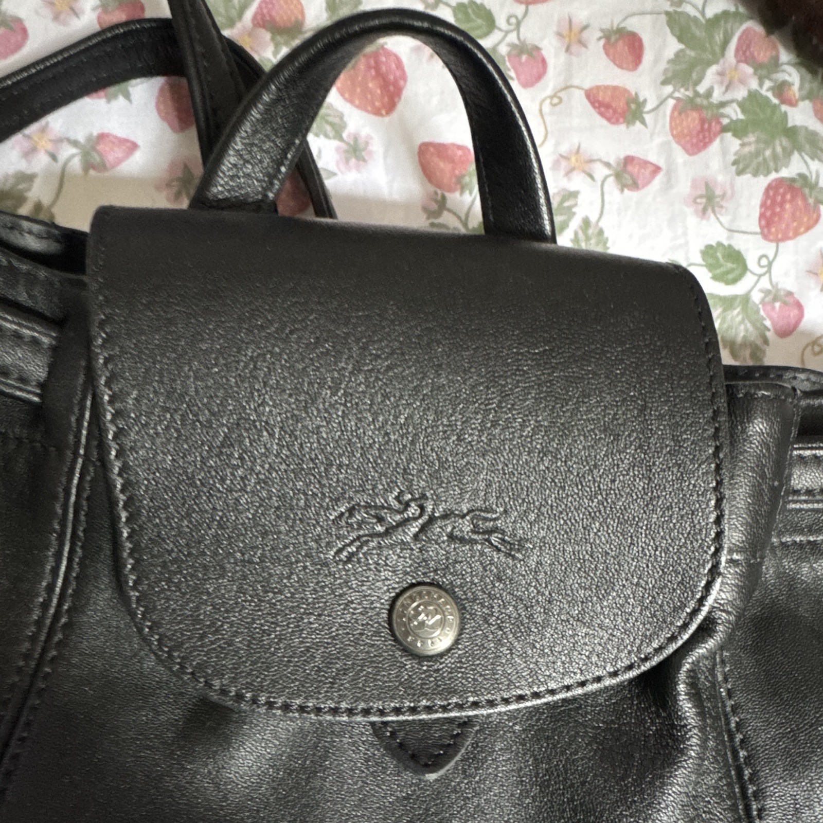 Longchamp Black Geometric Backpack Snap Closure Inner Pockets Silver Hardware
