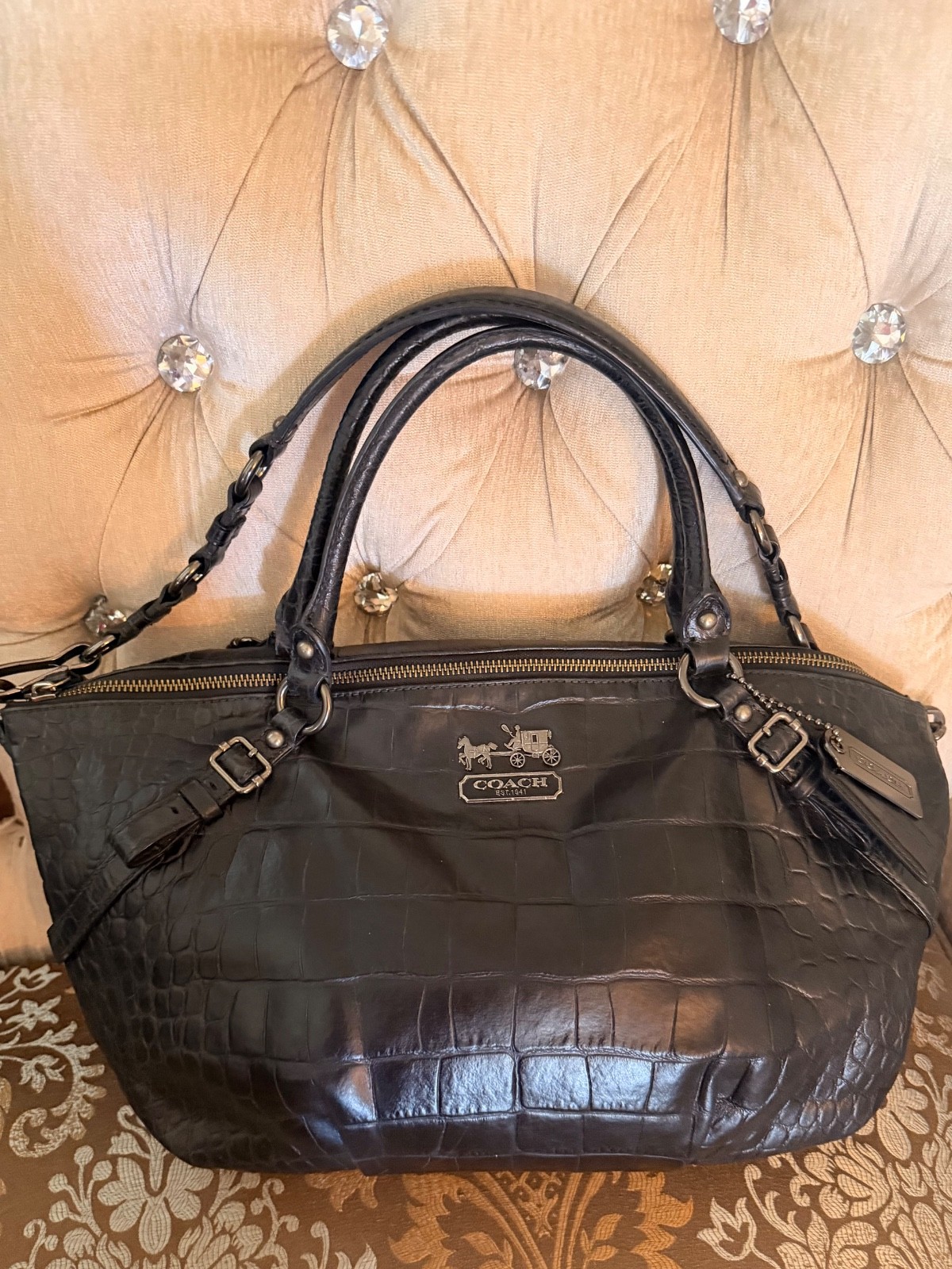 Coach Madison Sophia Croc Charcoal Leather Large Satchel Antique Black Handbag
