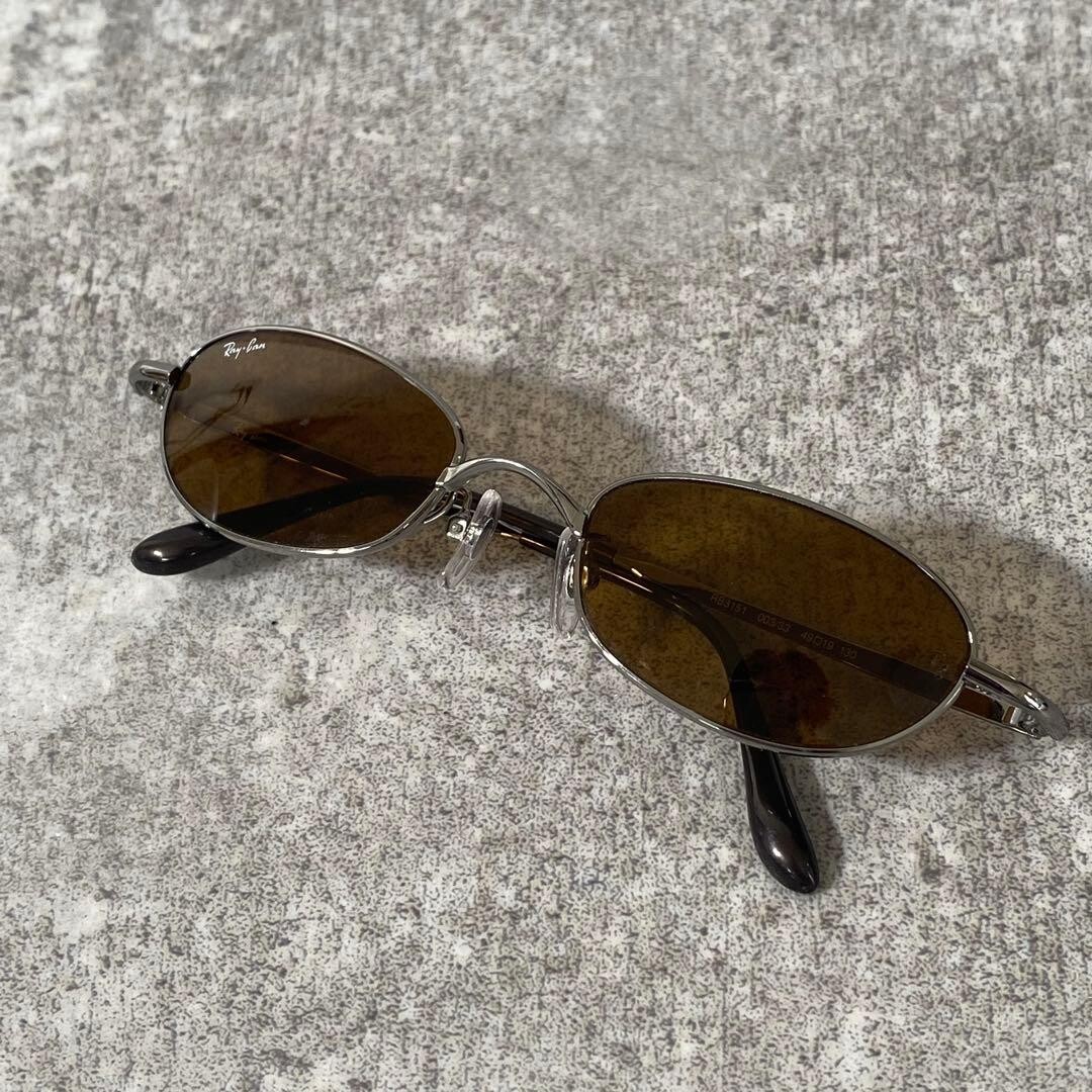 Ray Ban RB3151 Oval Sunglasses Silver Brown Lens Metal Frame Y2K Men 53mm