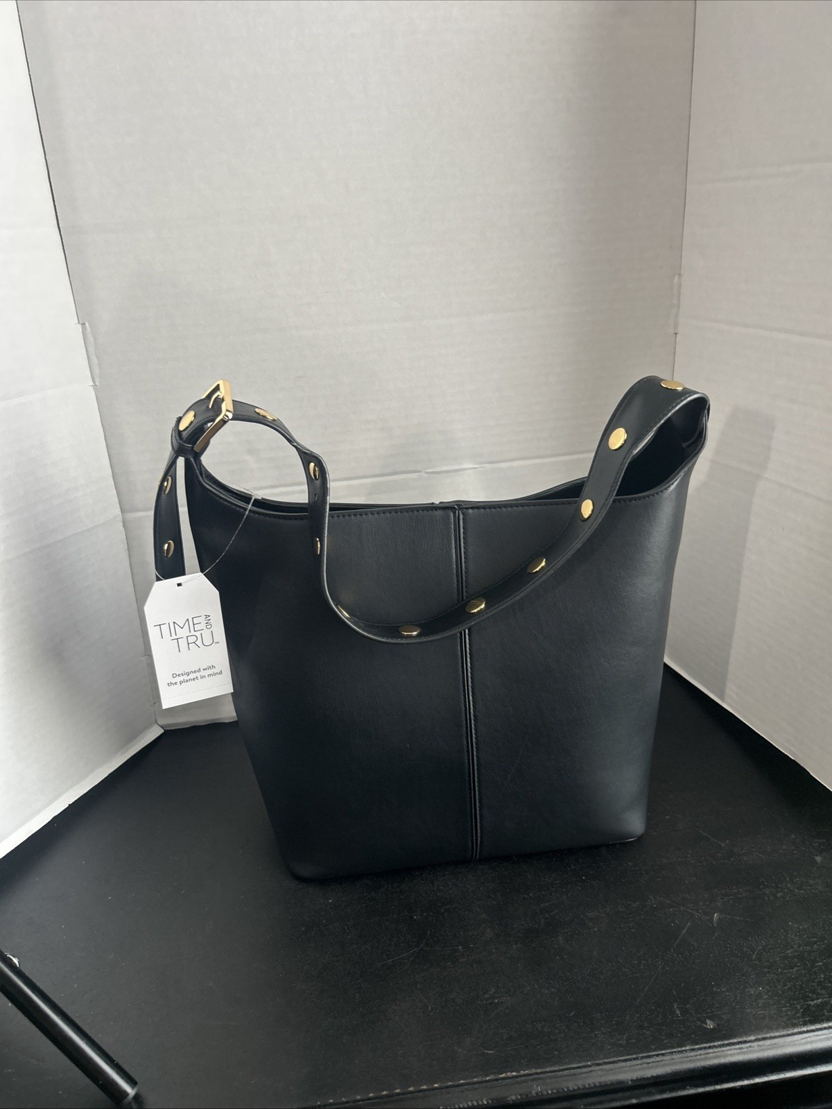 Time And Tru Shively Faux Leather Bucket Handbag. Black W/ Gold, Button Top