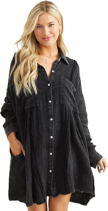 Altar’d State Women’s Oversized Black Shirt Dress Effortless Chic Versatile