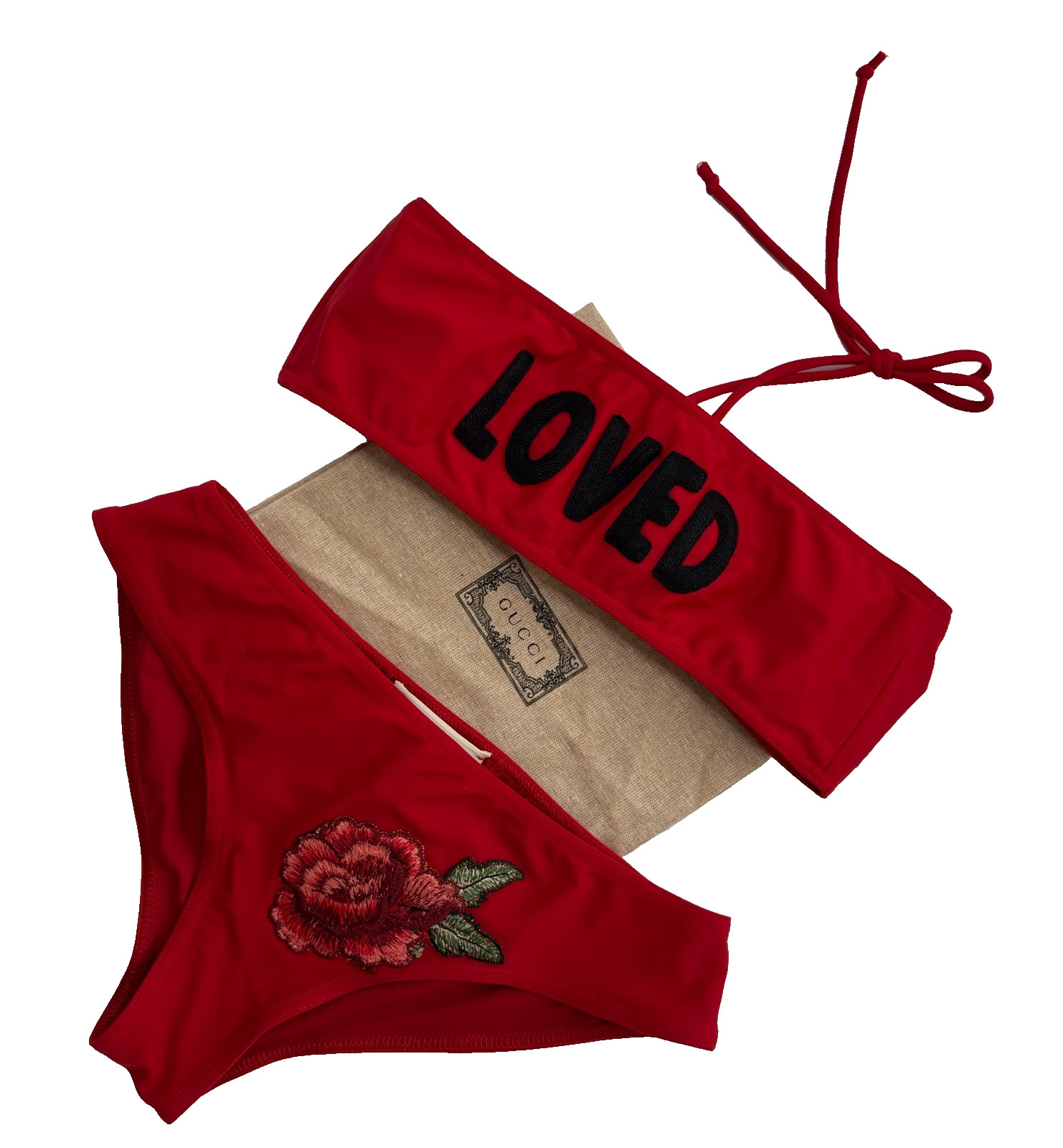 $850 Gucci Auth Red Loved Bikini Top Swimsuit 4 US 40 IT S Swimwear Bandeau Bag