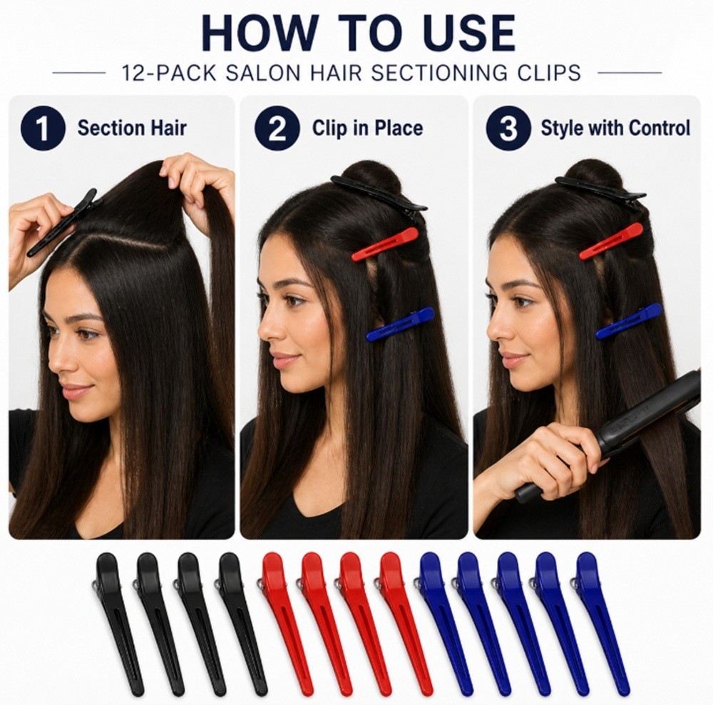 12-Piece Professional Non-Slip Alligator Hair Clips – Salon Sectioning Accessory