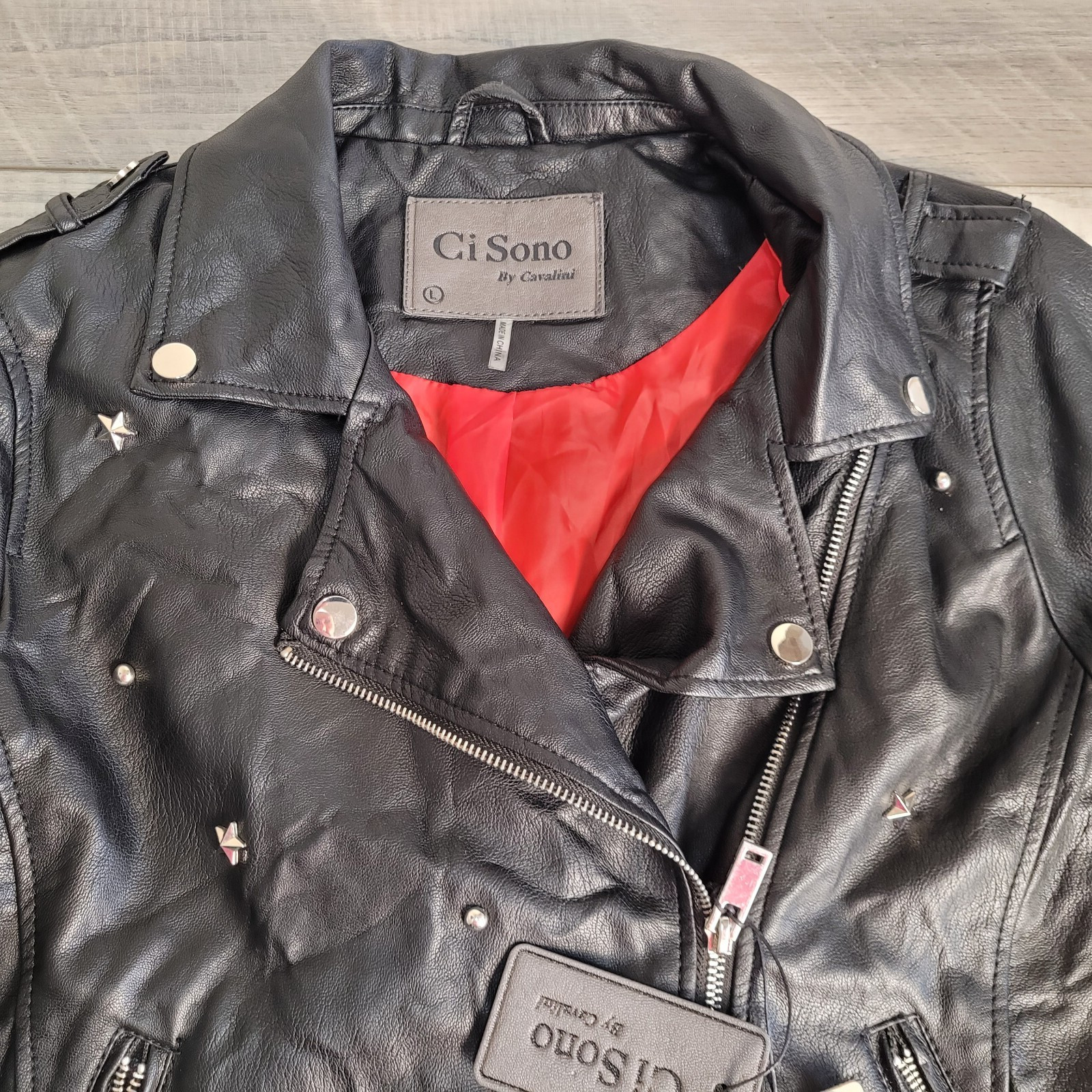 CI SONO By CAVALINI Jacket Womens Large 100% Vegan Leather Lined Bomber Moto