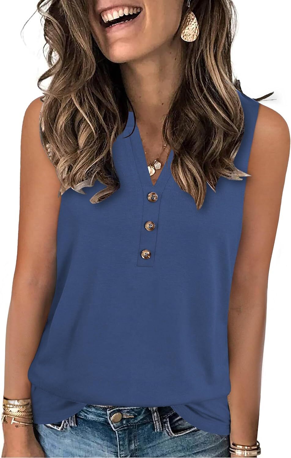 Womens Summer V Neck Tank Top Sleeveless Loose Fit Lightweight Casual Blouse