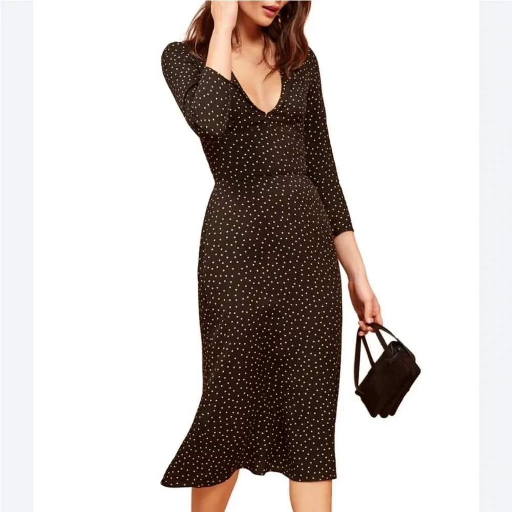 New, REFORMATION Mabel Dress in Micro Dot in Black Sz 8 #MD1948
